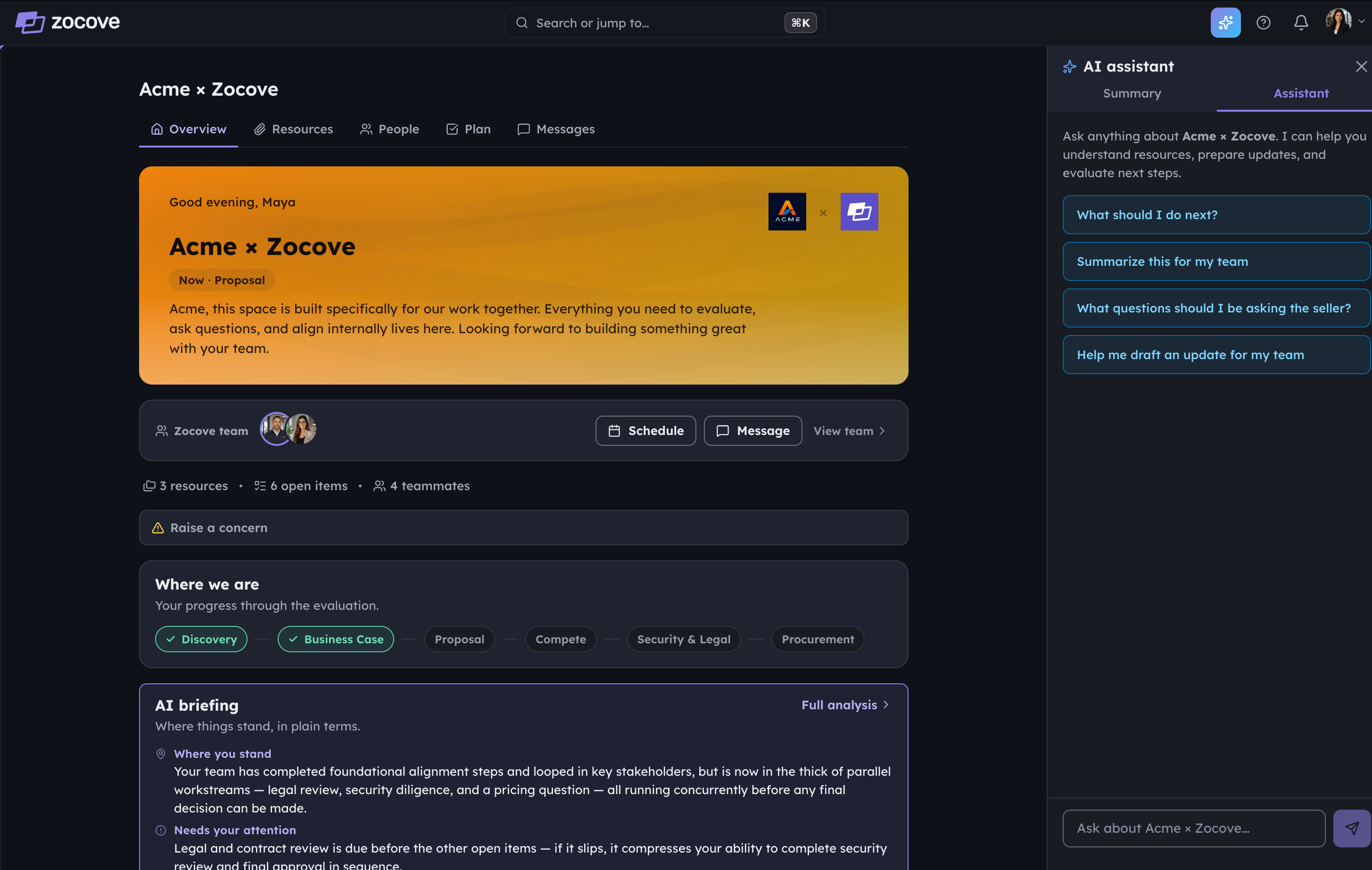 The Zocove buyer view of the Acme deal — a personalized welcome, a phase tracker, the seller’s team, an AI briefing, and the buyer’s own next step.