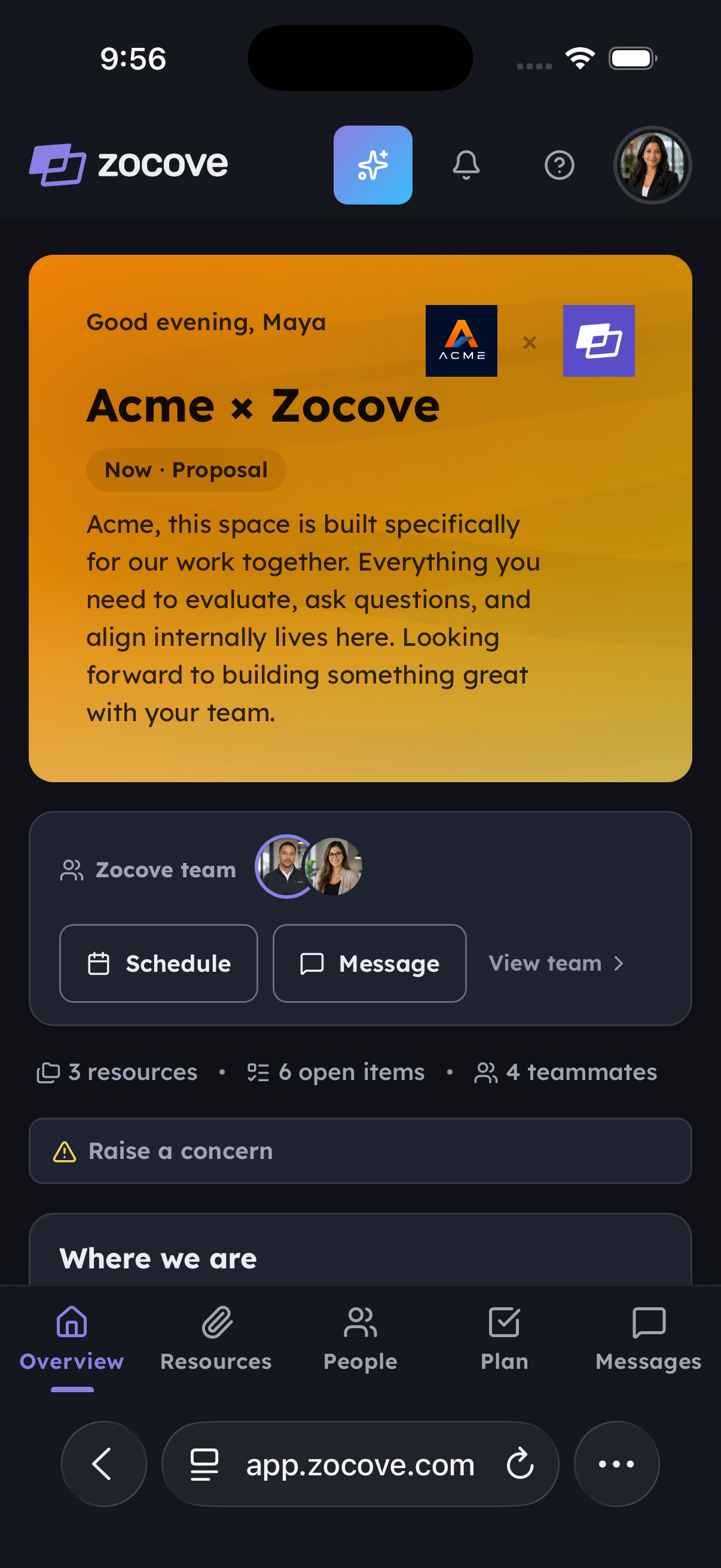 The buyer's own Zocove room for the Acme deal on a phone: a personal welcome, the shared plan, and resources — the no-login workspace that creates the signal.
