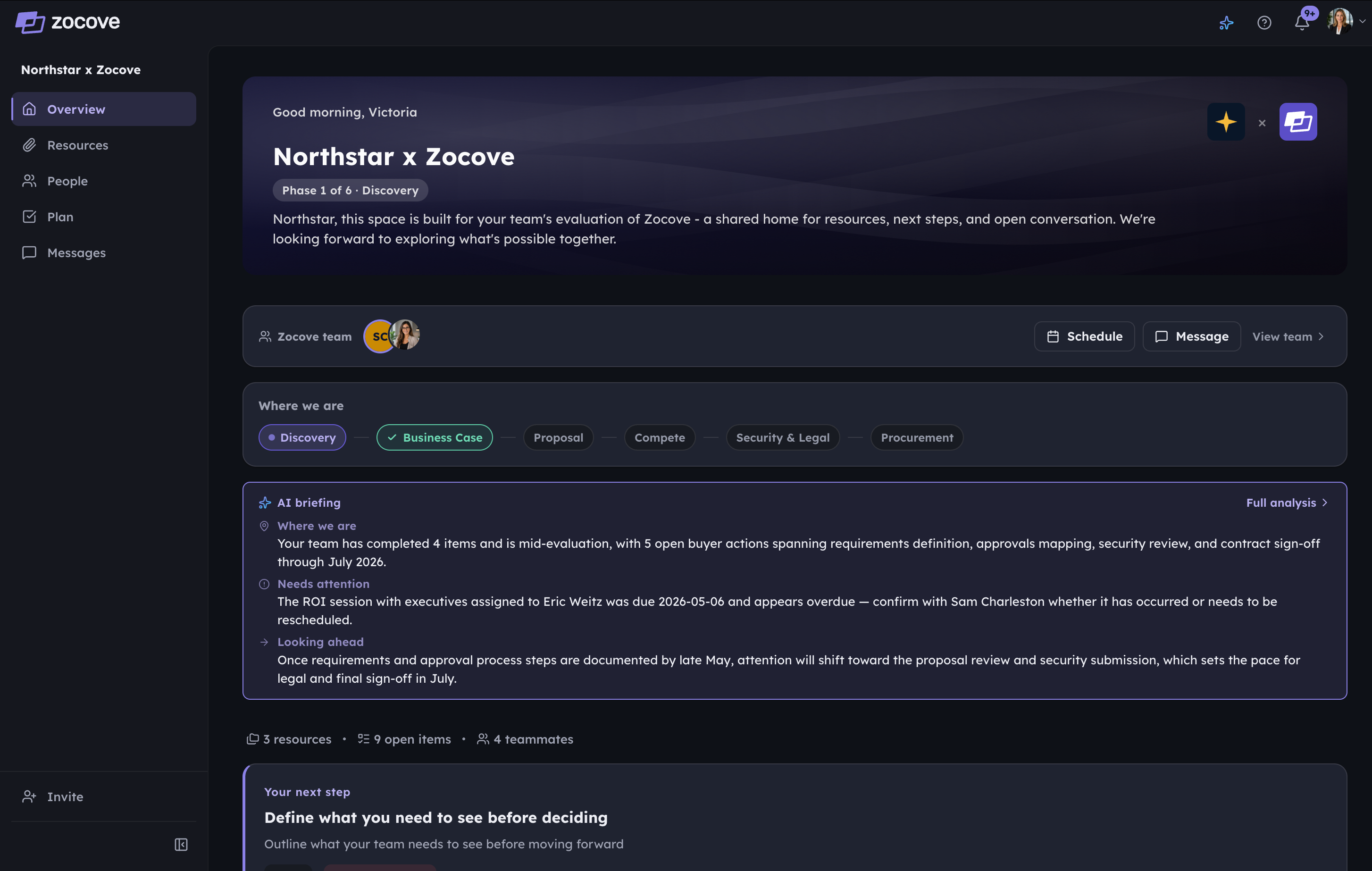 Zocove buyer view — personalized workspace with phase tracker, Zocove team contact, and AI briefing.