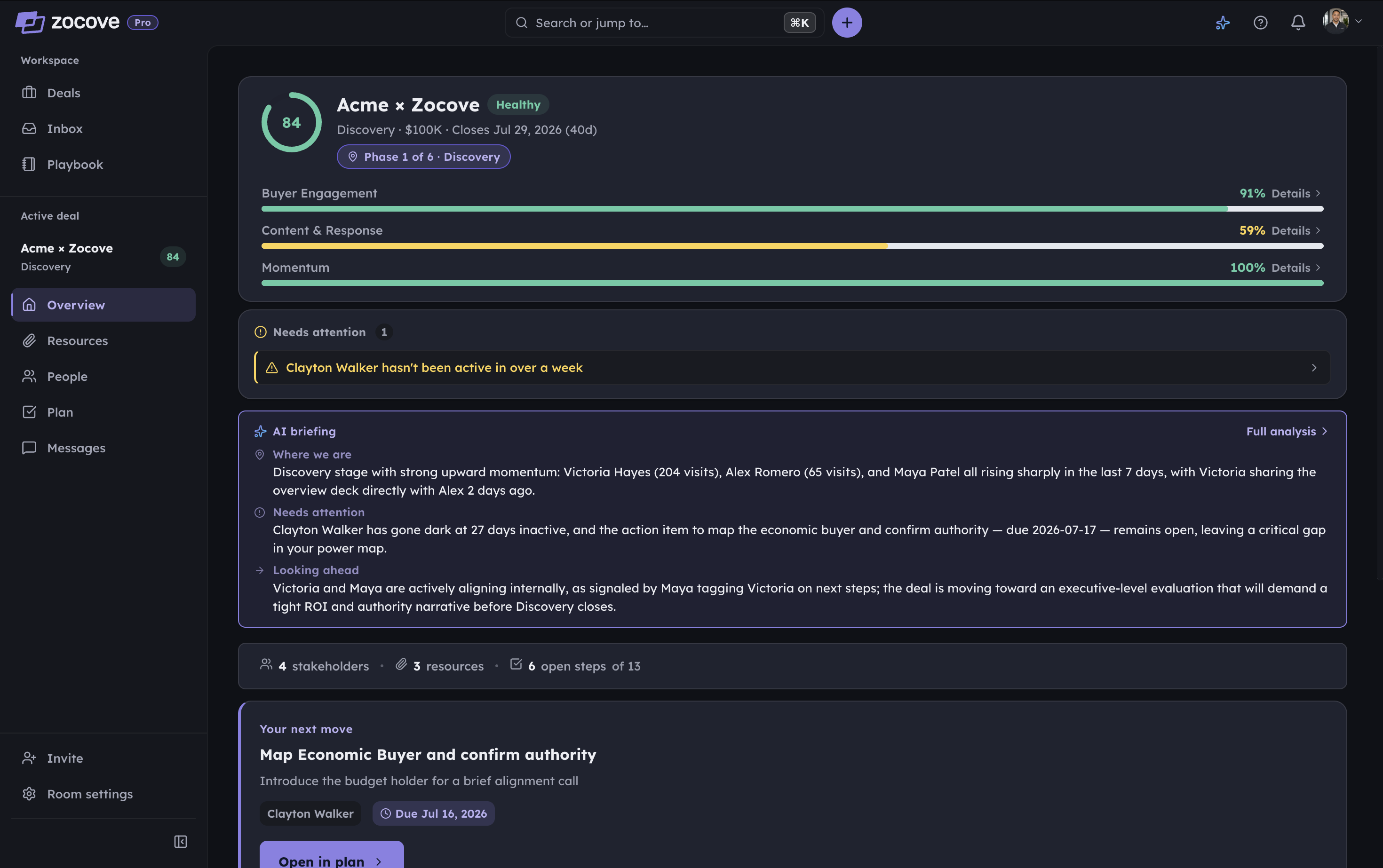 The Zocove seller deal room on desktop — the Acme deal with a health score, sub-scores, a needs-attention list, and a plain-language AI briefing.