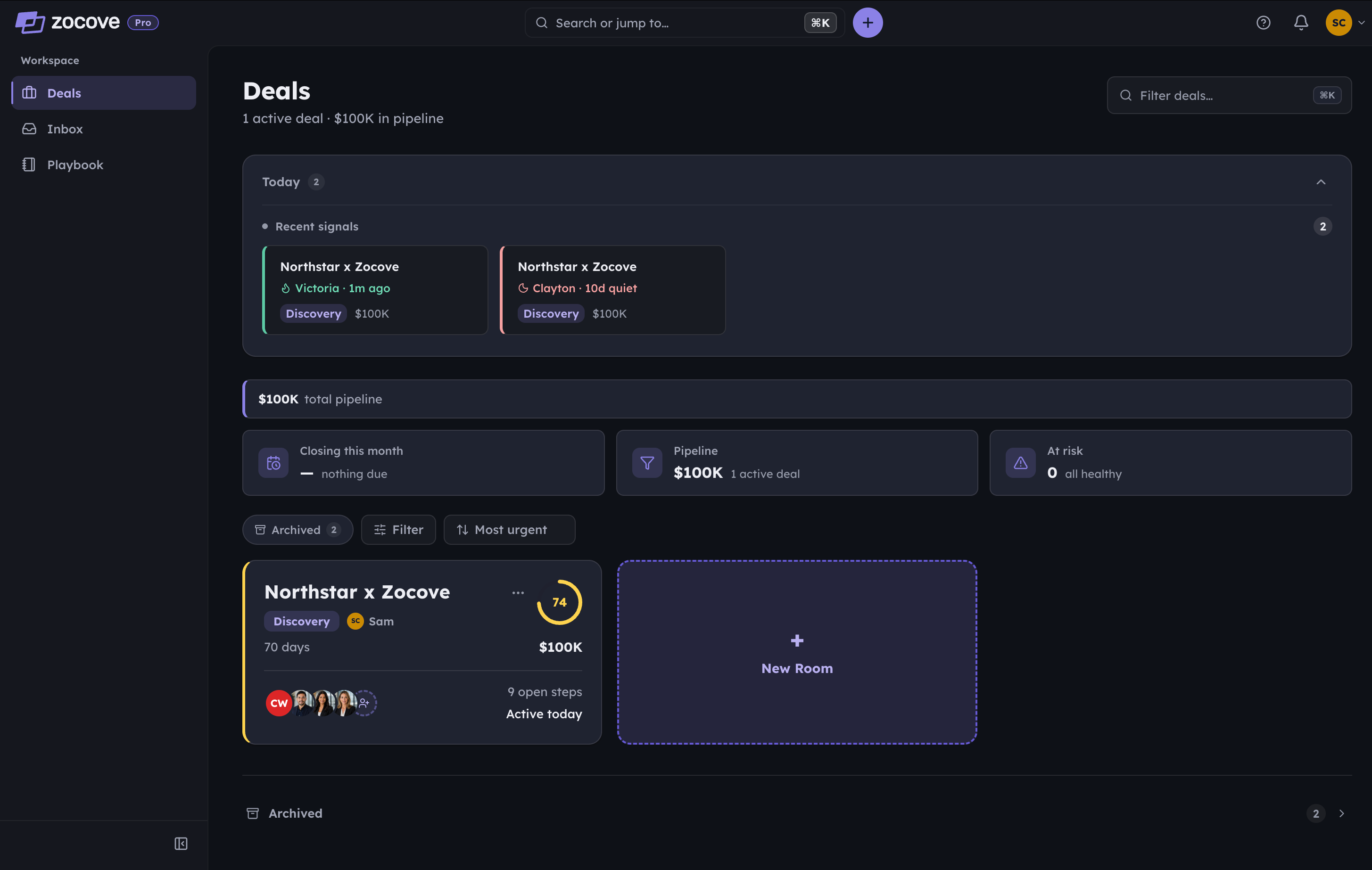 Zocove deals view showing recent buyer signals — one stakeholder active one minute ago, another quiet for ten days — alongside the active Northstar room.