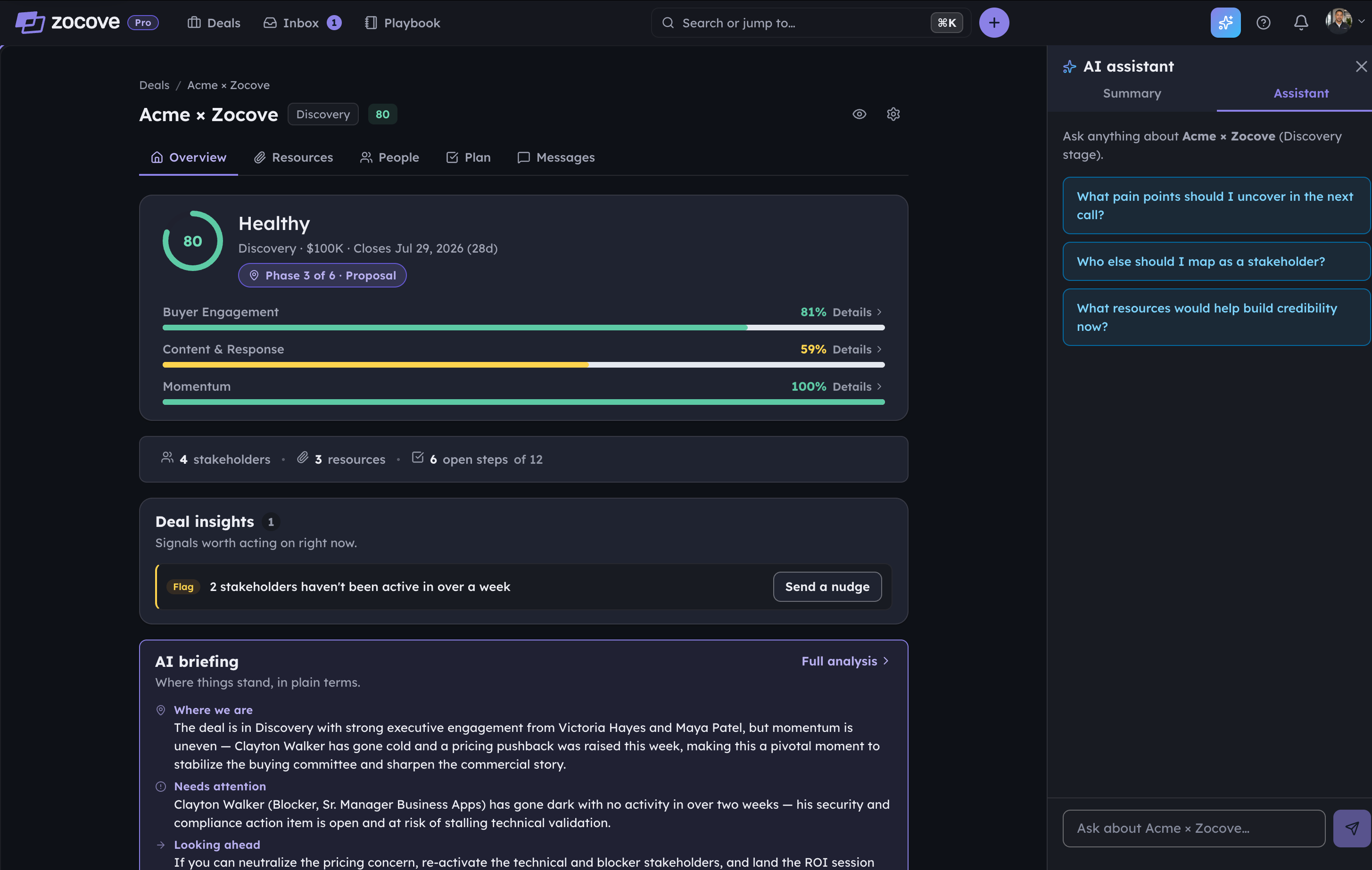 The Zocove deal room for the Acme deal — a health score of 81, three sub-score bars, a needs-attention list, an AI briefing, and your next move.