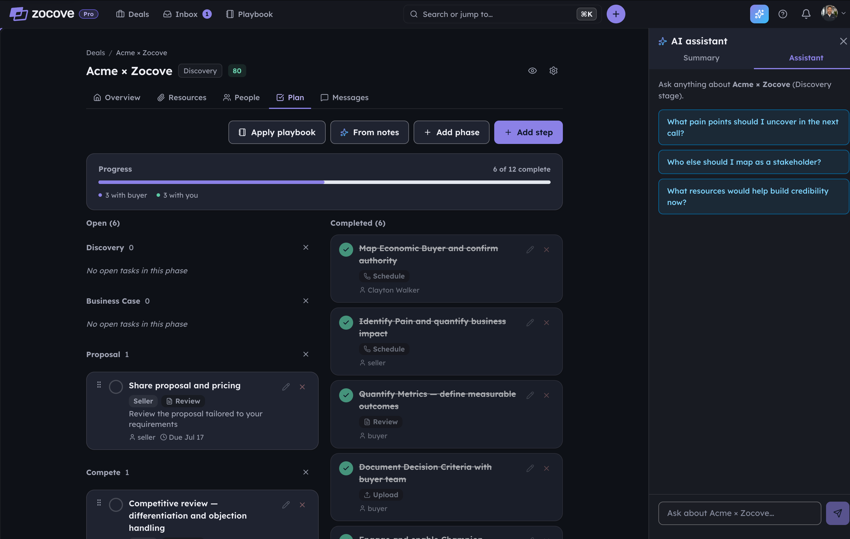 Zocove mutual action plan — steps organized by phase with owners and due dates, and a progress bar tracking completion.