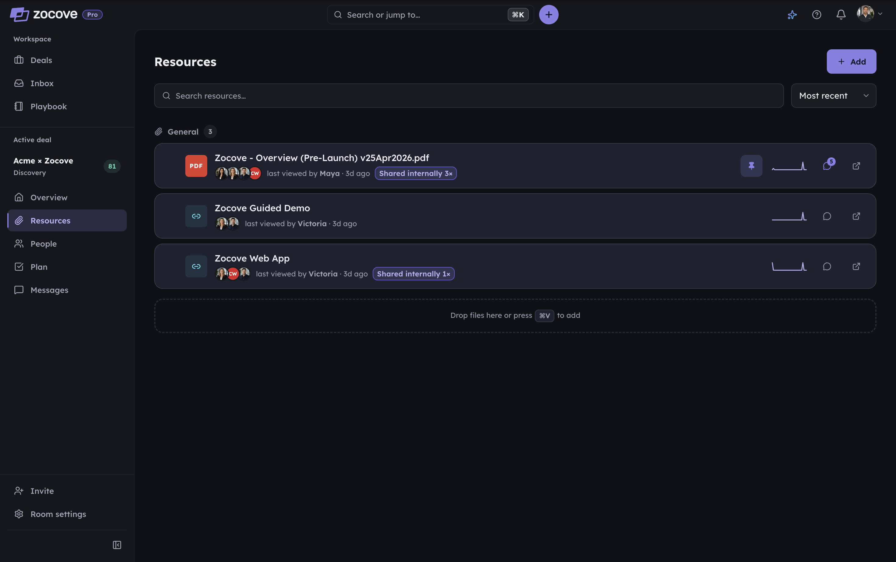 The Zocove resource library for the Acme deal — the Overview deck, the guided demo, and the web app link, each grouped under the General category and showing who last viewed it.