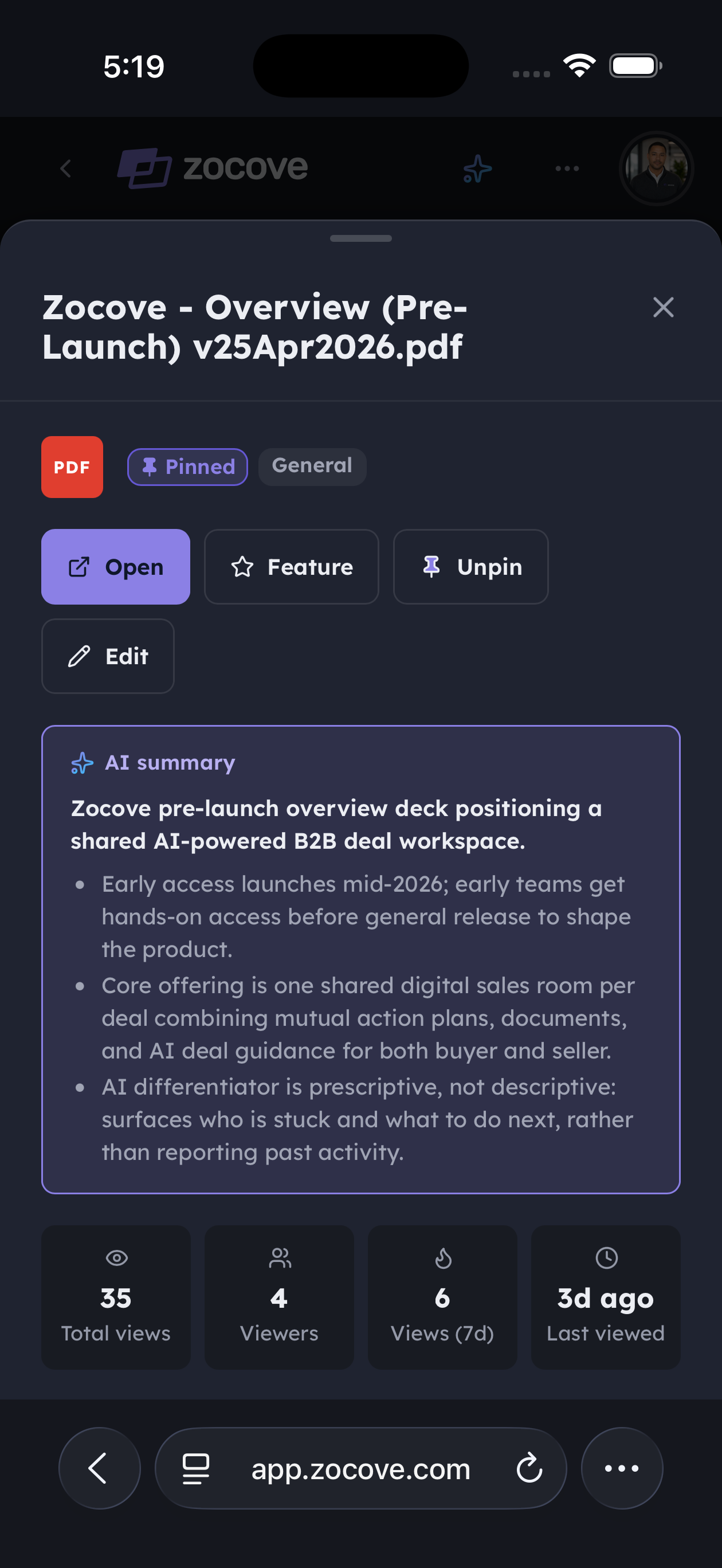 The same Overview deck detail on a phone — the AI summary and engagement stats as a mobile sheet.