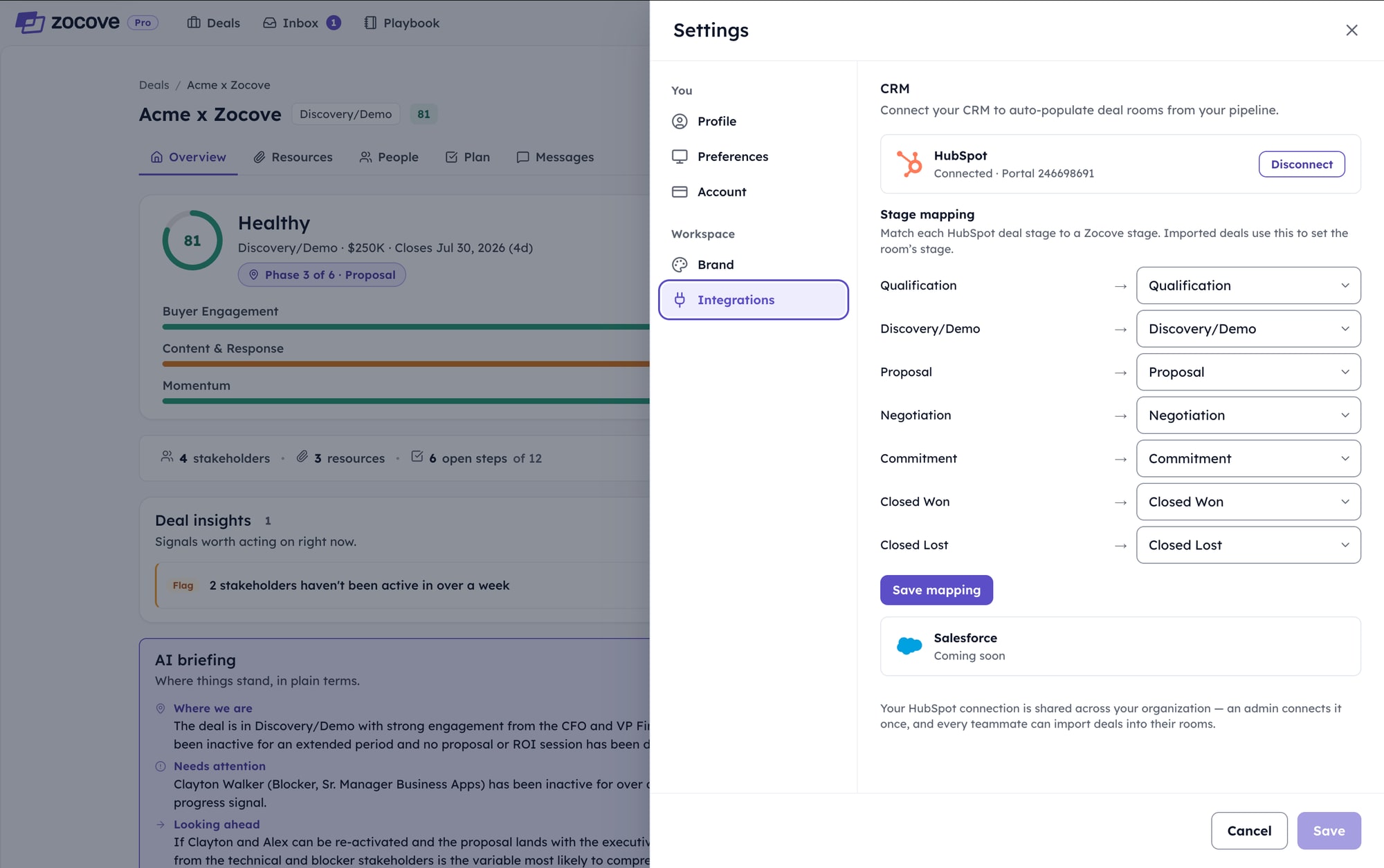 Zocove settings, Integrations tab: HubSpot shown as connected to a portal, with each HubSpot deal stage — Qualification, Discovery/Demo, Proposal, Negotiation, Commitment, Closed Won, Closed Lost — mapped to its matching Zocove stage.