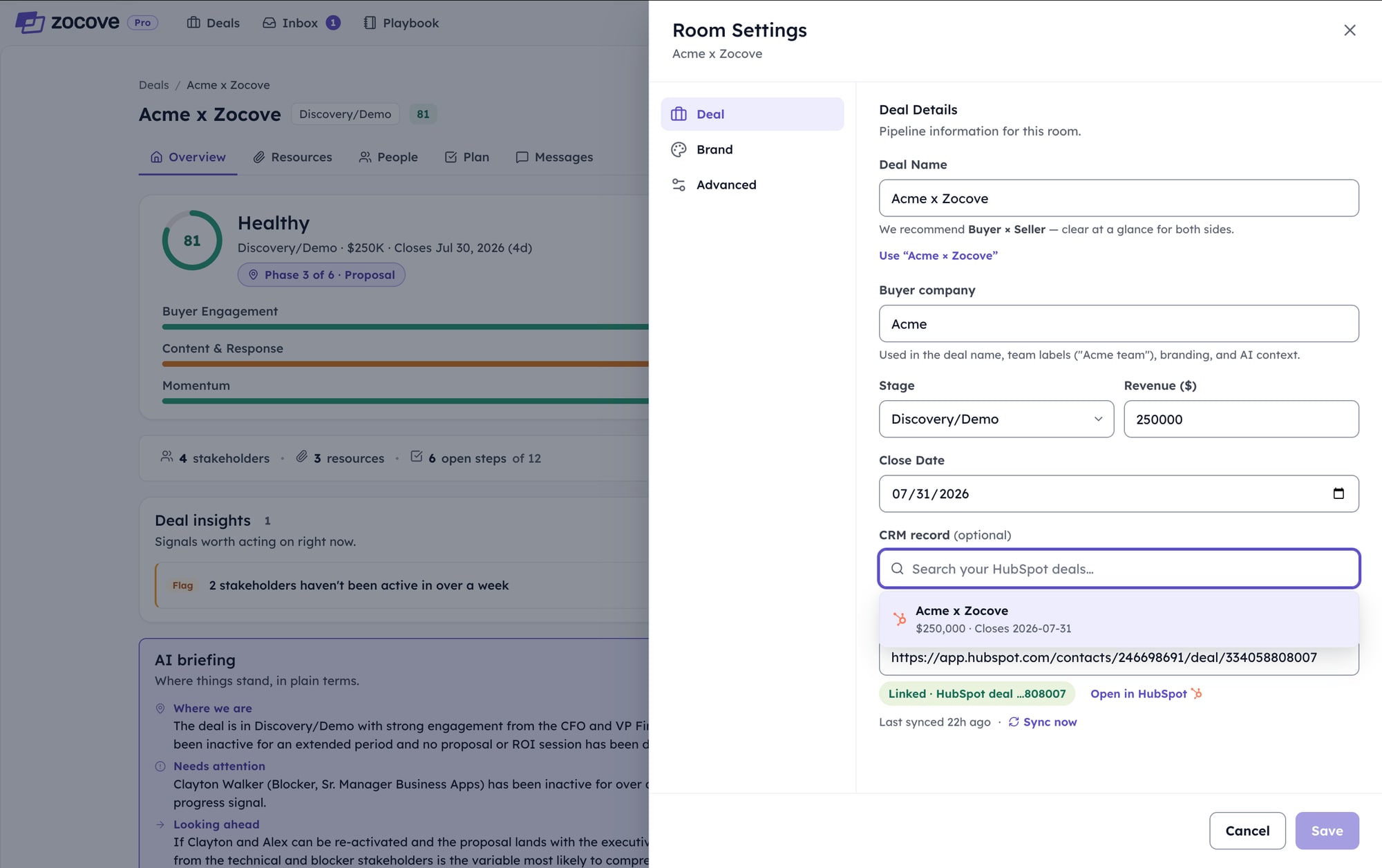 Zocove room settings for Acme x Zocove, showing the deal name, buyer company, stage, revenue, and close date alongside a CRM record search of HubSpot deals, with the matching deal linked and a last-synced timestamp.